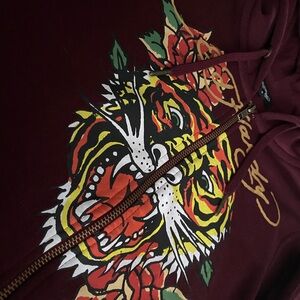 Ed Hardy Maroon Hoodie with Gold Accents